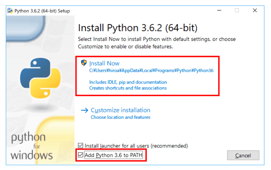 「Add Python 3.x to PATH」にチェックを入れ、「Install Now」を押してインストール