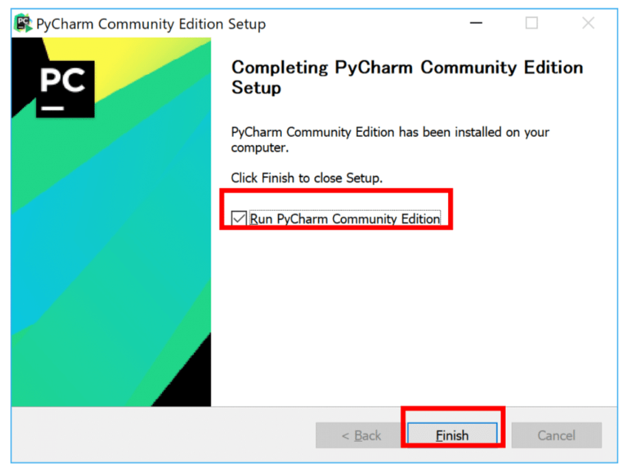 「Run PyCharm Community Edition」のチェックを入れ、[Finish]で完了