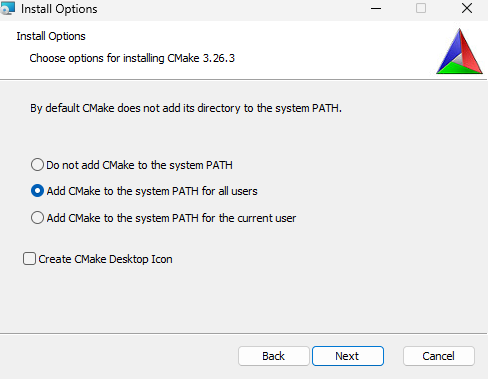 「Add CMake to the system PATH for all users」をクリックしてインストール