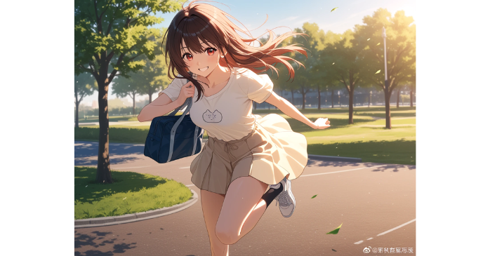 公園を走る女の子、笑顔、躍動感のあるポーズ、風になびく髪