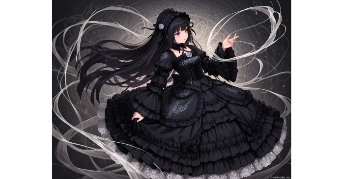 ゴスロリ風のドレスを着た女の子、なめらかなシルク、複雑な刺繍、ファンタジースタイル