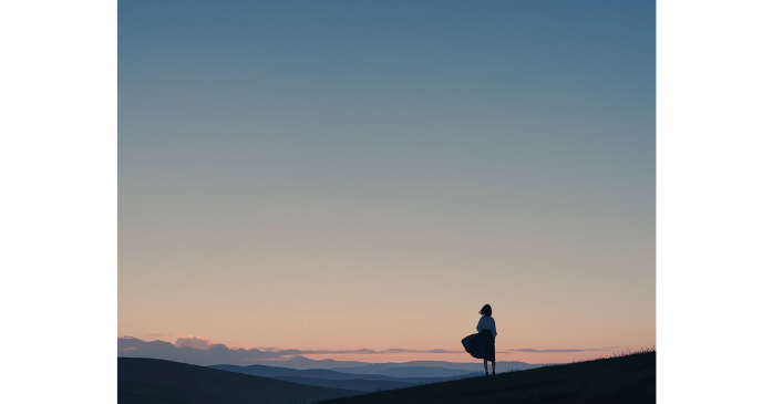 丘の上に立つ女の子の全身、澄んだ空、ワイドショット
