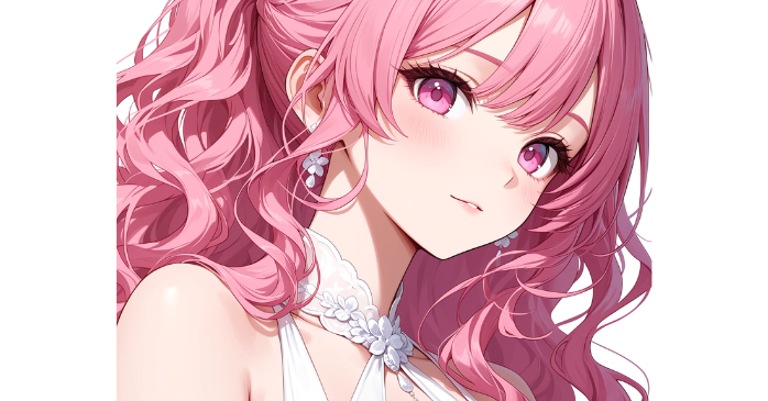 長いウェーブヘアの女の子、ピンクのハイライト、エレガントな髪型