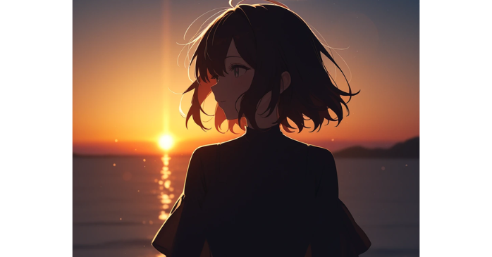 逆光の女の子、夕日を背にしたシルエット、明るい後光効果