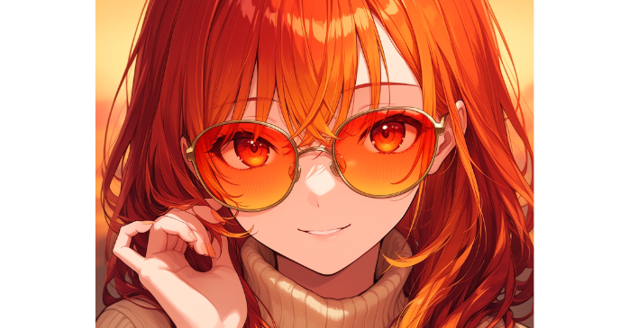 暖色系の女の子、赤とオレンジの色調、居心地が良く魅力的な雰囲気