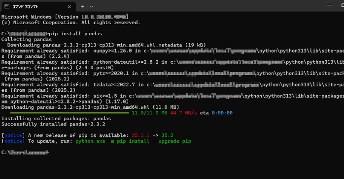 pandasをインストールする