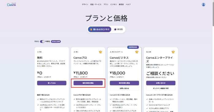 「無料体験を開始」をクリックする
