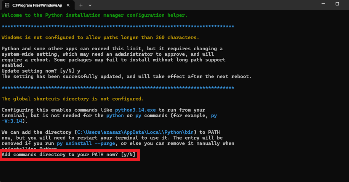 インストーラーのコマンドプロンプト